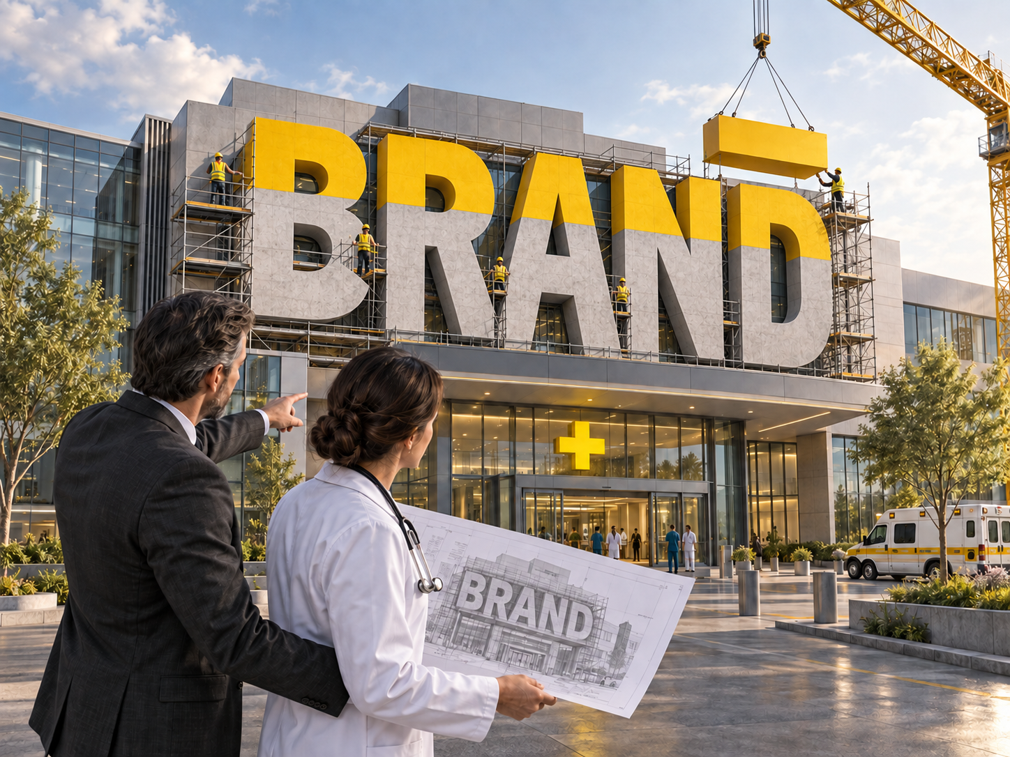 A doctor and consultant planning a healthcare brand as a team constructs BRAND above a hospital