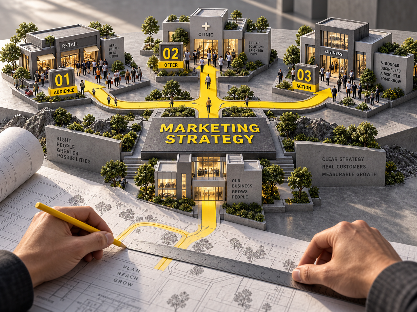 Marketing strategy blueprint connecting a business to customers through audience, offer and action